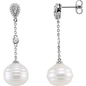 14K White South Sea Cultured Pearl & 1/4 Diamond Carats Earrings