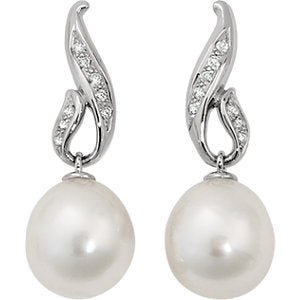 14K White 1/5 Diamond Carats & 12mm South Sea Cultured Pearl Earrings