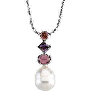 14K White South Sea Cultured Pearl, Pink Tourmaline, Amethyst & Rhodolite Garnet Pendant