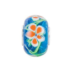 Sterling Silver 14x10mm Blue with Orange Flower Glass Bead