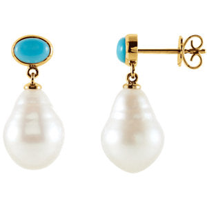 14K White 8x6mm Turquoise & 12mm South Sea Cultured Pearl Earrings