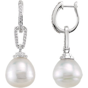 14K White 12mm South Sea Cultured Pearl & 1/2 Diamond Carats Earrings