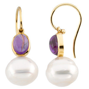 14K Yellow 8x6mm Cabochon Amethyst & 11mm South Sea Cultured Circle Pearl Earrings