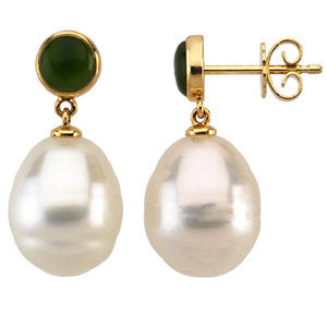 14K Yellow South Sea Cultured Pearl & Nephrite Jade Earrings 