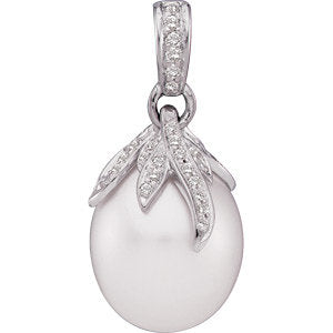 18 Palladium White South Sea Cultured Pearl & 1/4 Diamond Carats Pendant 