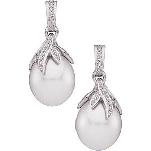 18 Palladium White 1/2 Diamond Carats & 12mm South Sea Cultured Pearl Earrings