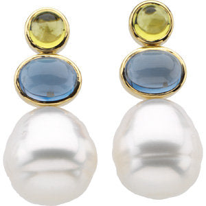 South Sea Cultured Circle Pearl, Genuine Peridot & Genuine London Blue Topaz Earrings