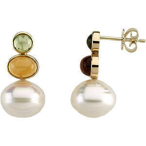 South Sea Cultured Circle Pearl, Genuine Peridot & Genuine Citrine Earrings