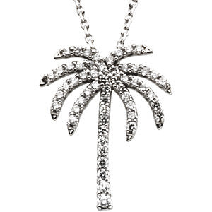 14K White 1/3 Diamond Carats Palm Tree 16-inch Necklace