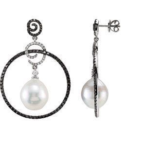 14K White South Sea Cultured Pearl & 2 1/2 Carats Black & White Diamond Earrings