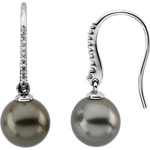 14K White Tahitian Cultured Pearls & 1/8 Diamond Carats Earrings