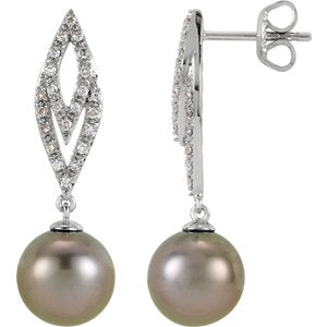 14K White 1/4 Diamond Carats & Tahitian Pearl Earrings