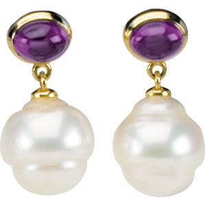 14K Yellow 7x5mm Amethyst & 11mm South Sea Cultured Pearl Earrings