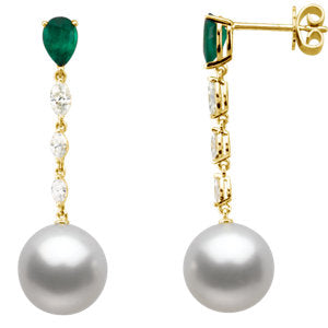 South Sea Cultured Pearl, Genuine Emerald & Diamond Earrings