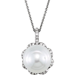 14K White South Sea Cultured Pearl & 1/4 Diamond Carats 18-inch Necklace