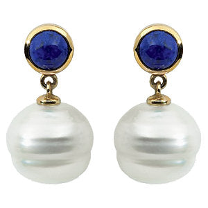 14K White 6mm Lapis & 11mm South Sea Cultured Pearl Earrings